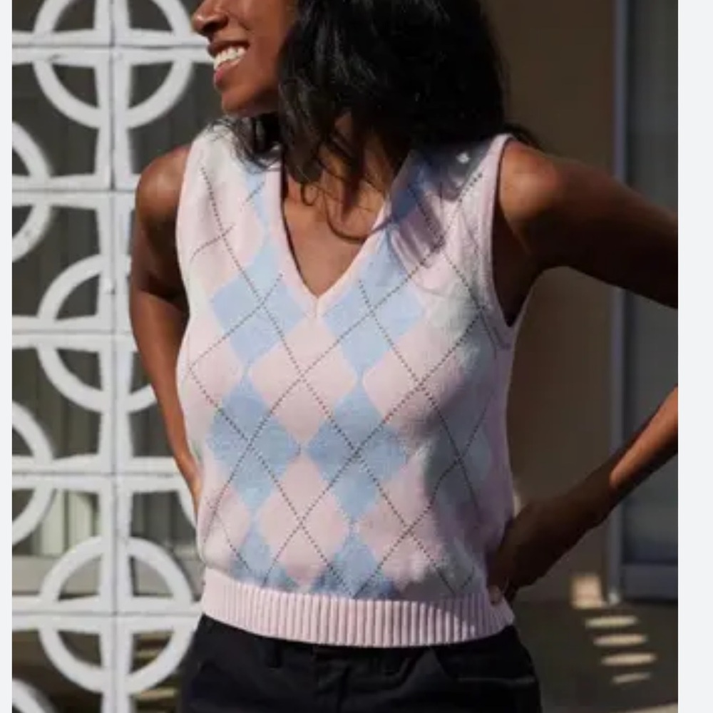 Brandy Melville John Galt Pink & Blue Argyle Sweater Vest, Preppy Streetwear